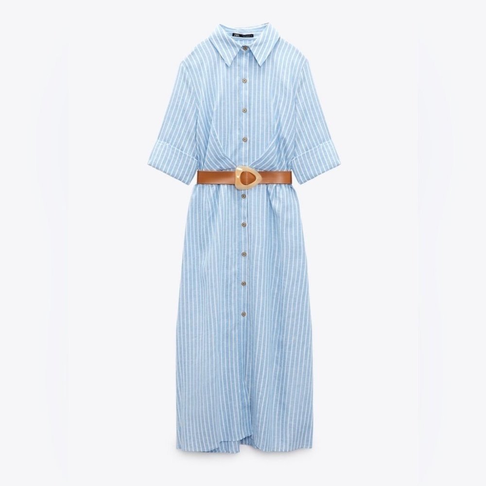 Zara Blue Stripe Linen Blend  Button Up Shirt Dress | size XS - Picture 7 of 13